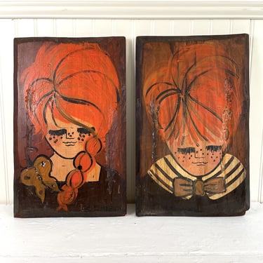 Jan McPherson Rustics painted boy and girl - pine plank art - 1960s 