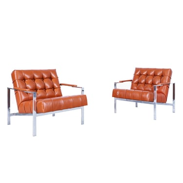 Vintage Leather and Chrome Biscuit Tufted Lounge Chairs by Milo Baughman