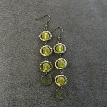 Long bohemian yellow frosted glass and bronze earrings 