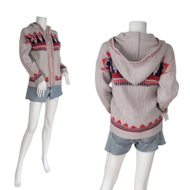 1970's Sabra Grey Red Aztec Pattern Zippered Hooded Sweater I Sz Med 