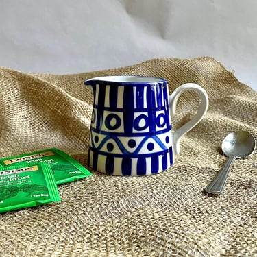 Vintage Dansk Creamer Cream Pitcher, Navy Blue and White Arabesque pattern - Hand Painted, Scandinavian Modern, Gravy or Syrup Server, Vase 