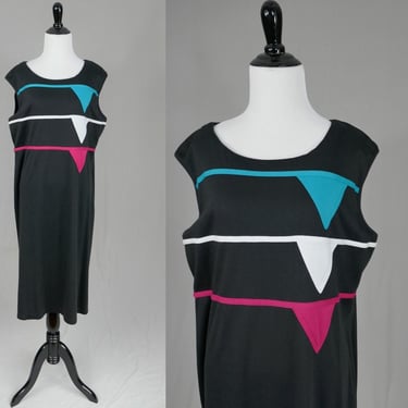 80s Black Sleeveless Dress - Triangles and Stripes on One Side in Blue Pink White - Vintage 1980s - Plus Size 45-44-53 