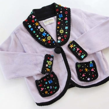 Vintage 90s Jeweled Cardigan S M - Gemstone Sparkley 1990s Lavender Purple Knit Cardigan Sweater - The Nanny - Lisa Nichols 