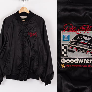 1990 Dale Earnhardt Winston Cup NASCAR Jacket - Men's Large | Vintage 90s Goodwrench Champion #3 Black Satin Race Car Windbreaker 
