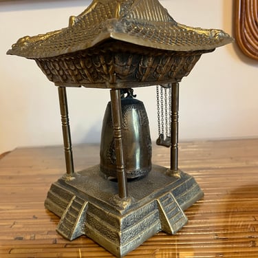 Vintage Oriental Solid Brass Gong Bell Prayer Pagoda Temple with Brass Hammer 