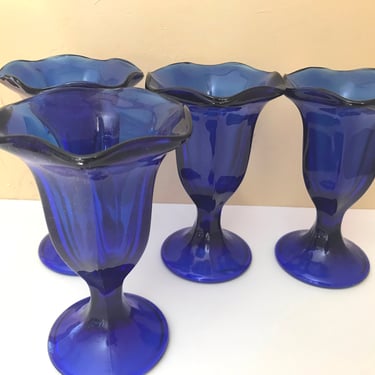 Vintage Set of (4)  Cobalt Blue Glass Sundae Bowl with scalloped edges-- 6" tall 