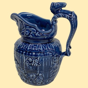 Antique Arthur Wood Pottery Pitcher Retro 1920s Farmhouse + Cobalt Blue + Porcelain + Horse Head + Ewer Jug + Kitchen + Made in England 