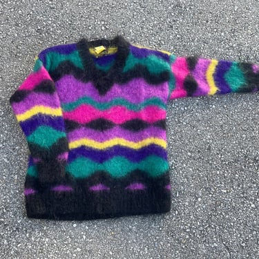 Vintage ‘80s shaggy mohair sweater | striped rainbow color block jumper 