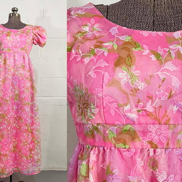 Vintage Pink Floral Dress Empire Waist A-Line Maxi Dress Mod Twiggy Short Puff Sleeve Wedding Bridesmaid Prom 1960s 60s XXS 