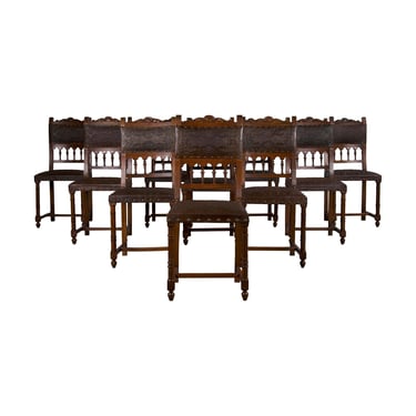 19th Century French Henry II Style Walnut Dining Chairs W/ Original Brown Leather - Set of 10 