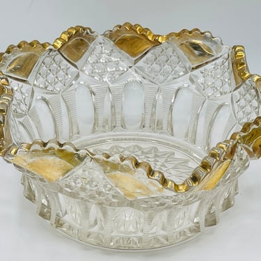 EAPG Vintage Crystal Sawtooth Diamond & Ribbed Gold Trim Centerpiece Heavy Bowl 