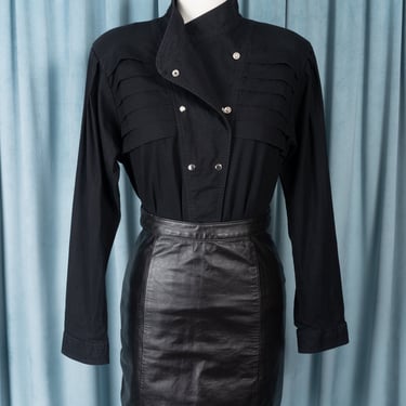 1980s Asymmetrical Snap Front Black Top with Pleat Details by Sterling 