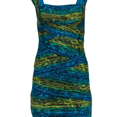 BCBG Max Azria - Blue, Turqouise, & Yellow Snakeskin Print Ruched Mesh Dress Sz S