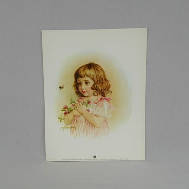 70s 80s Reproduction Maud Humphrey Victorian Print - Pretty Girl with Bumble Bee and Flowers - Vintage 1970s 1980s - 8 1/2