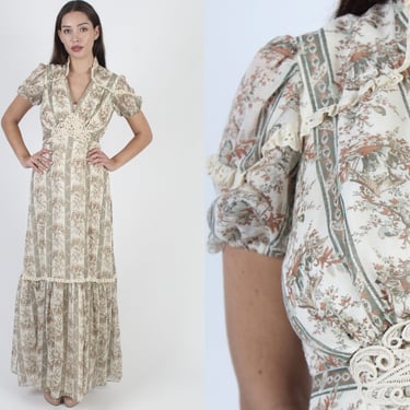 1970's Yours Of San Francisco Bohemian Dress,  Fairy Manger Print, Floral Toile Cottagecore Long Maxi Dress 