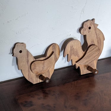 Pair of Vintage Chicken and Rooster Wooden Wall Hooks 