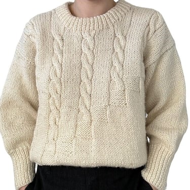 Vintage Country Knits Wool Hand Knit White Fisherman Sweater Made in New Zealand 