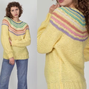 80s Yellow Knit Rainbow Striped Sweater - Large | Vintage Long Sleeve Slouchy Pullover Jumper 