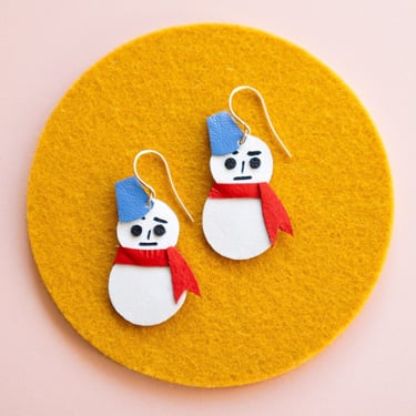 Yukidaruma / Japanese Snowman Earrings - Reclaimed Leather Kawaii Christmas Earrings 