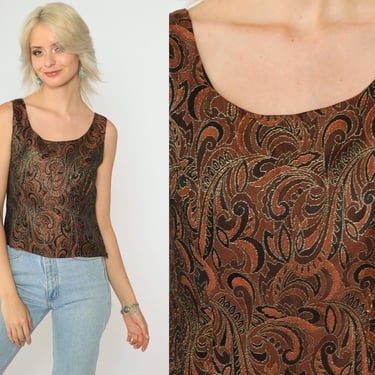 Y2KBrocade Tank Top Metallic Paisley Print Scoop Neck Blouse Vintage 00s Party Top Sleeveless Sparkly Orange Black Going Out Top Small 6 