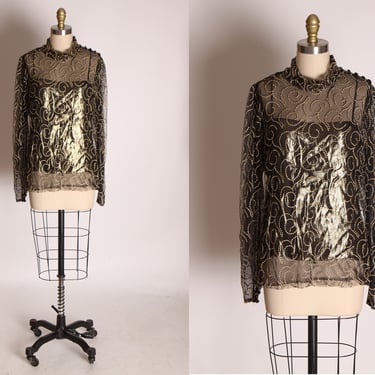 1980s Black and Gold Thin Spaghetti Strap Gold Metallic Top with Sheer Black Fishnet Long Sleeve Swirl Over Shirt Blouse by Gloria Sachs -S 