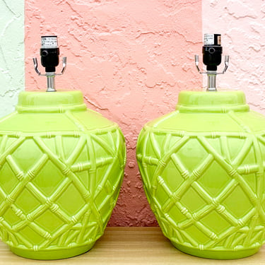 Pair of Key Lime Faux Bamboo Lamps