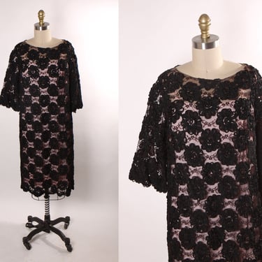 1960s Sheer Black Floral Lace Overlay 3/4 Length Sleeve Dress with Two Custom Slips in Pink and Black with Built in Bras Three Piece Set -L 