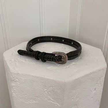 Vintage black leather woven and studded skinny belt / 28” 