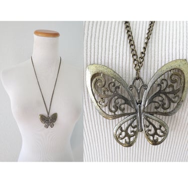 Vintage Butterfly Necklace - 70s Pendant Chain Necklace - Boho Hippie Jewelry 
