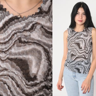 Psychedelic Tank Top Y2k Popcorn Shirt Abstract Op Art Swirl Print Stretchy Texture Blouse Sleeveless Summer Vintage 00s Small Medium Large 