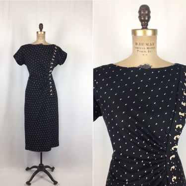 Vintage 40s dress | Vintage black star print wiggle dress | 1940s black white dress 