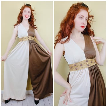 1970s Vintage Brown and Cream Color Block Nylon Jumpsuit / 70s Beaded Palazzo Pant Playsuit / Size Medium 