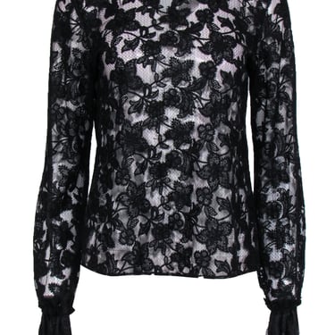 Alexis - Black Floral Lace Blouse w/ Long Sleeves & Ruffle Neckline Sz S