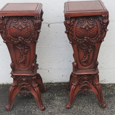 French Style Heavy Carved Painted Flower Plant Statue Table a Pair 5186