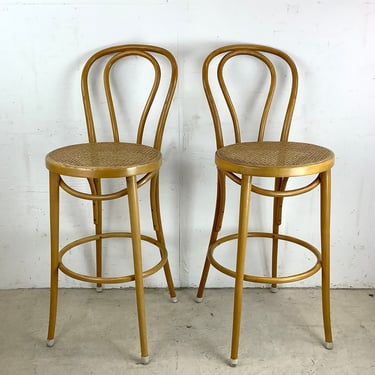 Pair Vintage Modern Cane Seat Barstools 