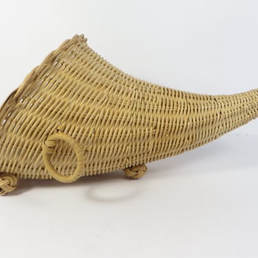 Vintage Thanksgiving Cornucopia Basket - Rattan Cornucopia Horn of Plenty 