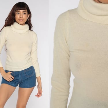 Cream Wool Sweater Turtleneck Sweater 70s Sweater Angora Pullover Sweater Jumper Vintage 80s Funnel Neck Plain Extra Small xs 