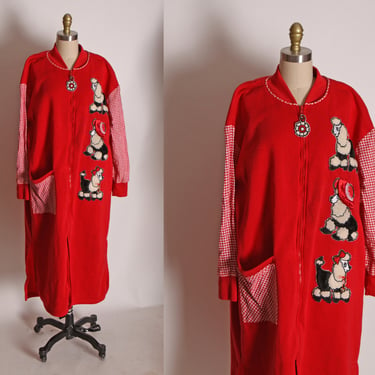 1980s Red Novelty Poodle Applique Long Sleeve Zip Up Night Gown Robe by Yikes -L 