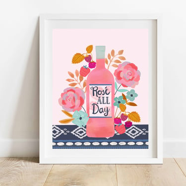 Rose All Day/ 8 X 10 Wine Art Print/ Food and Beverage Illustration/ Wine Bottle With Berries Kitchen Wall Art/ Pink Boho Bar Cart Decor 