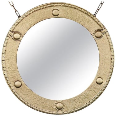Antique Victorian Hand Hammered Brass Federal Round Wall Mirror w/ Chain 