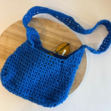 Handmade Bright Blue Loose Chunky Knit Shoulder Sling Bag 