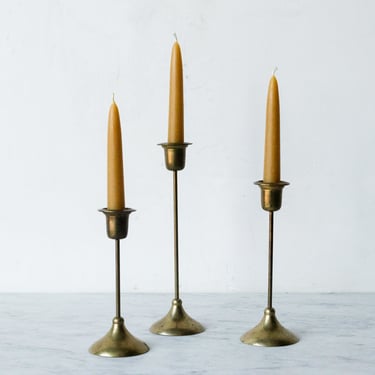 Trio of Brass Candlesticks with Beeswax Tapers.