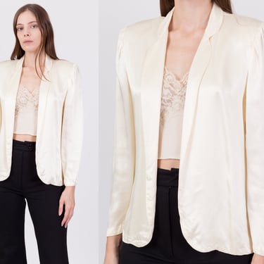 80s Ivory Satin Blazer - Small | Vintage Open Fit Collared Jacket Top 