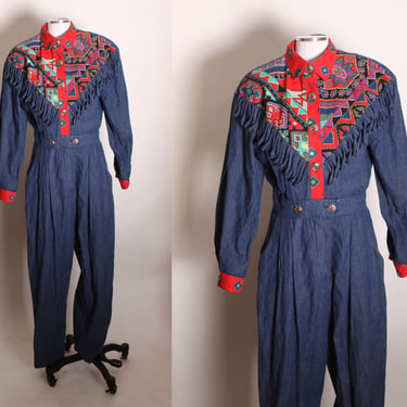 1980s Denim Long Sleeve Red Multi-Colored Southwestern Fringe Button Up One Piece Jumpsuit by First Focus -M 
