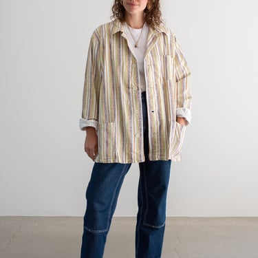 Vintage Orange Green Striped Shirt Jacket | Unisex Flannel Stripe Cotton Pajama Chore Shop | L XL | SJ033 