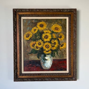 70's Naying Still Life - Sunflowers in a Vase Oil Painting, Framed 