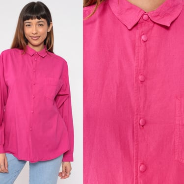 Fuchsia Shirt 90s Hot Pink Button Up Shirt Long Sleeve Boyfriend Casual Basic Plain Retro Collared Chest Pocket Preppy Vintage 1990s Small S 