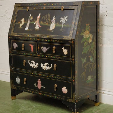 Asian Lacquer Carved Stone Geisha Secretary Desk