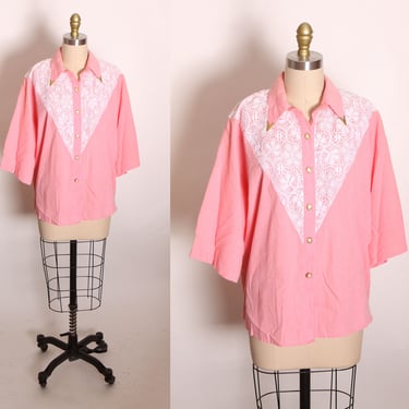 1980s Pink and Cream Lace 3/4 Length Sleeve Button Up Front Gold Tone Button and Collar Tip Western Blouse by Lilia Smitty -XL 