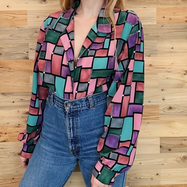 Geometric Button Up Long Sleeve Blouse 
